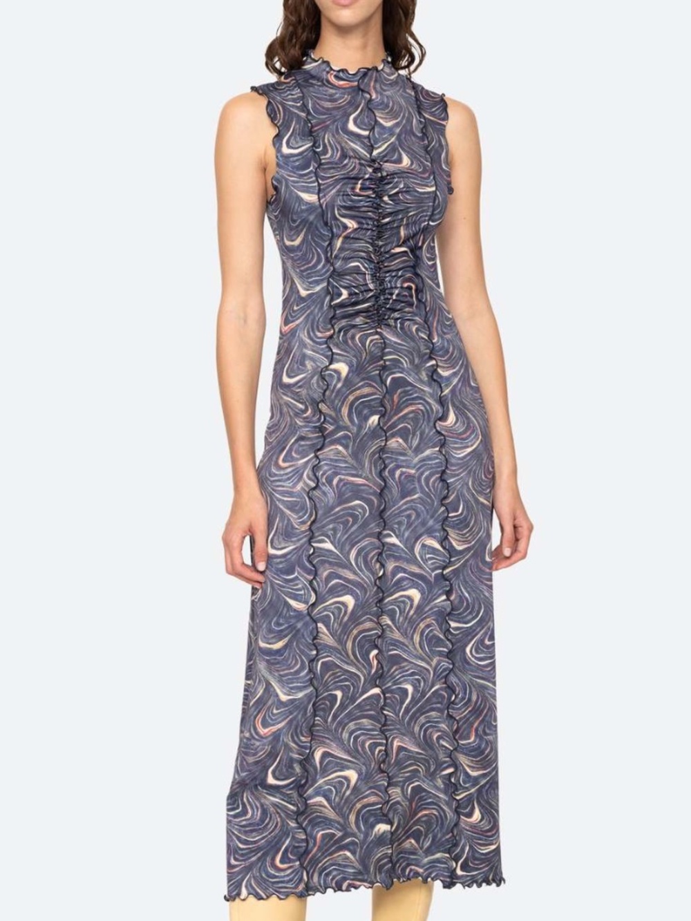 Sea New York Amara Marble Print Sleeveless Dress Navy Ruffle With Tags LARGE